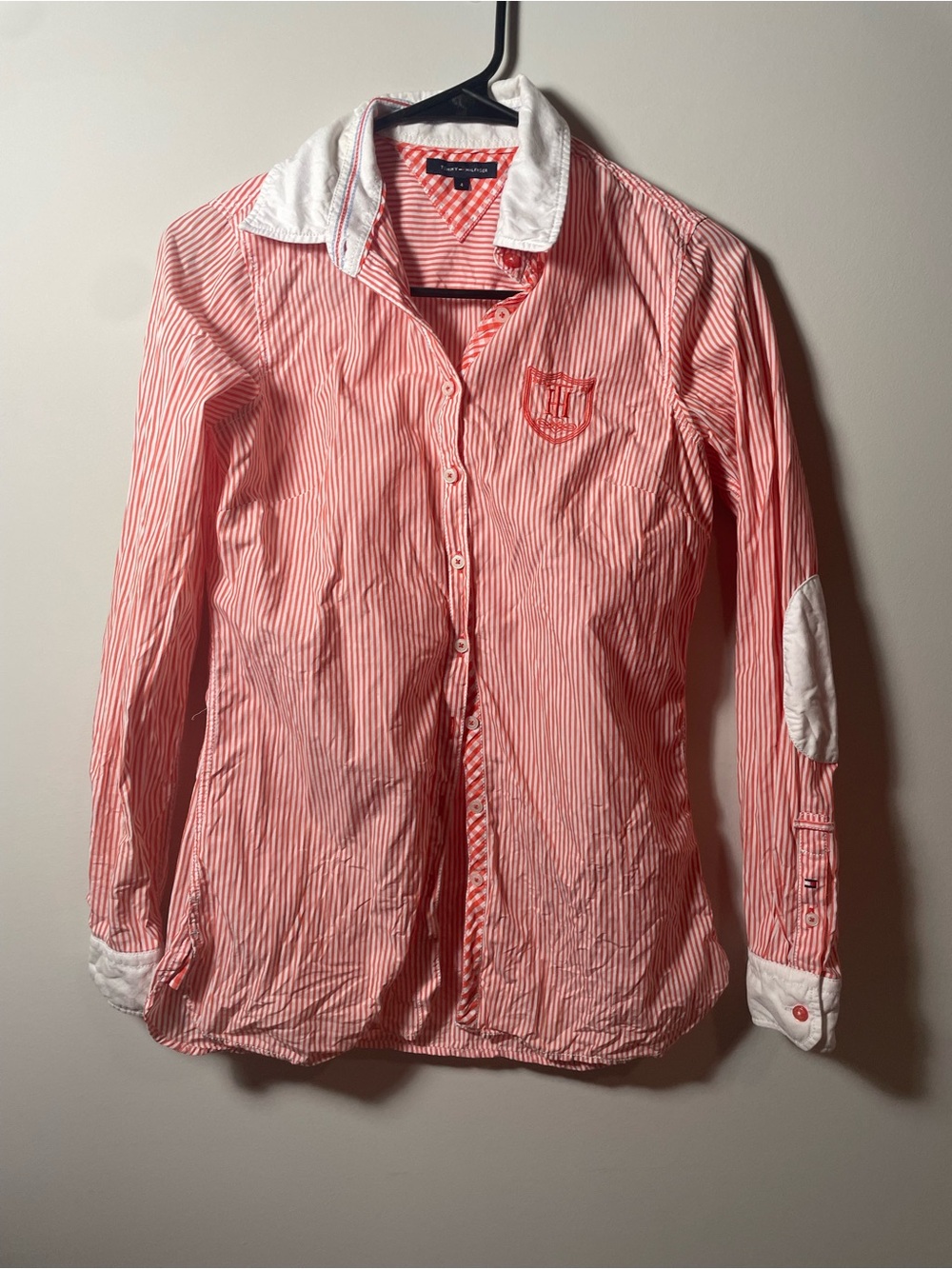 Womens 4 Tommy Hilfiger Orange Pinstripe Button-Up Shirt with White Collar